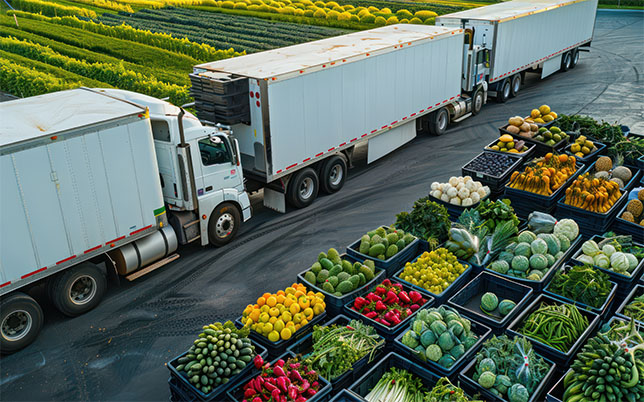 refrigerated trucks delivering fresh produce to a supermarket.