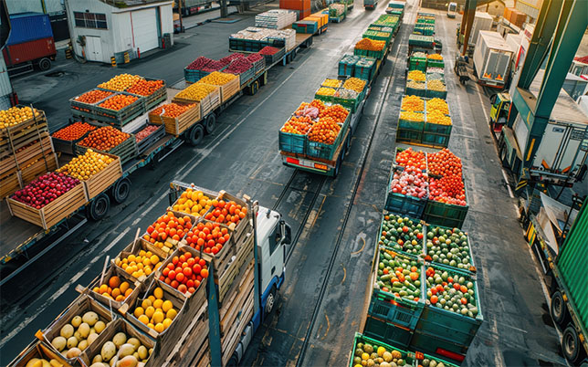 agricultural products shipping: a logistics center focused on the shipping of agricultural products, with crates of fresh produce being packed and loaded onto trucks and ships.